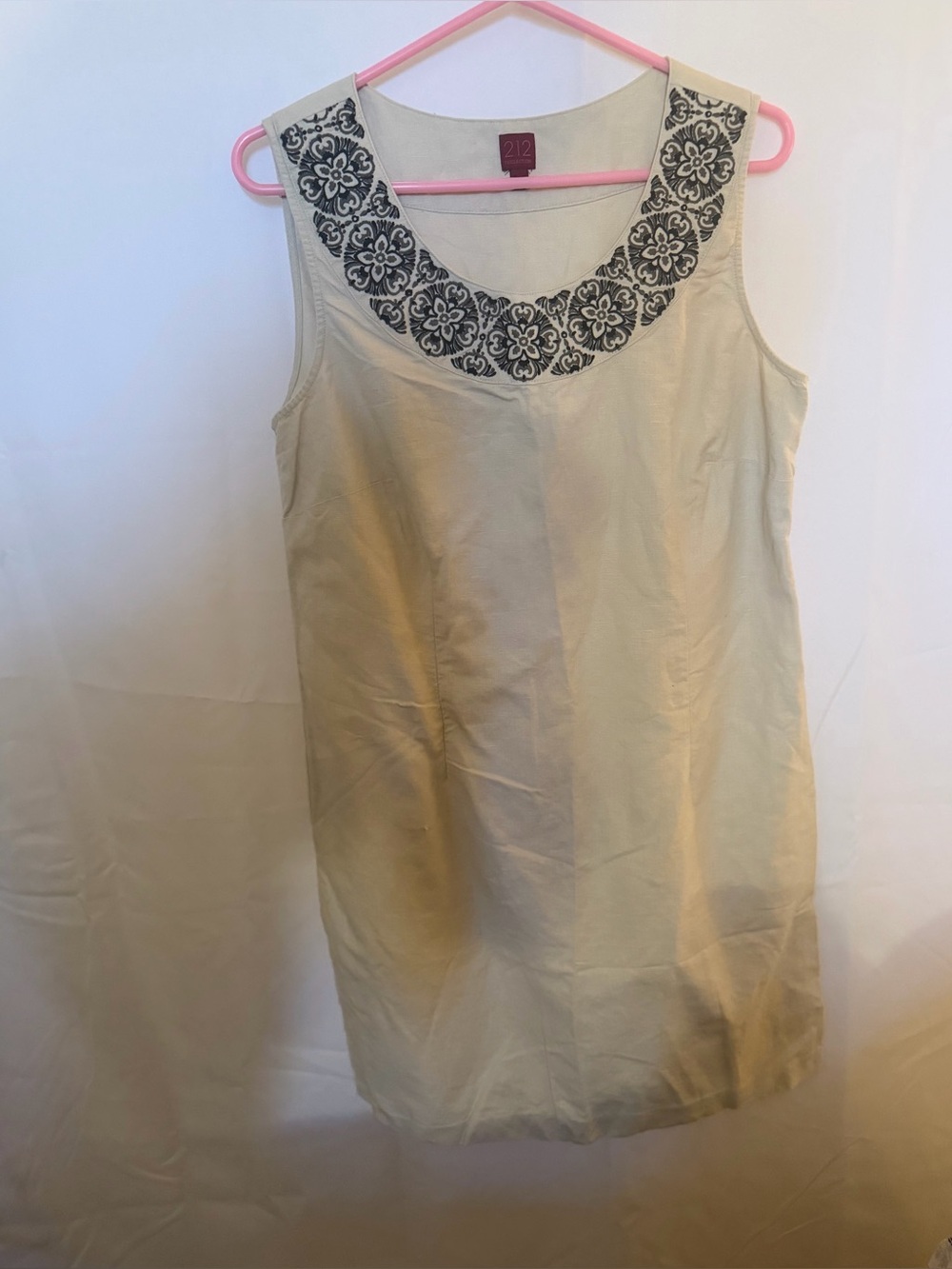 212 Collection Beige Sleeveless Shift Dress with Black Embroidered Neckline
